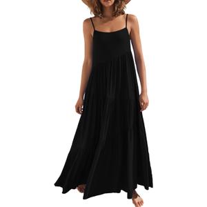 ANRABESS Women Summer Casual Loose Sleeveless Sundress Spaghetti Strap Flowy Boho Linen Beach Vacation Maxi Long Dress (Black, XL)