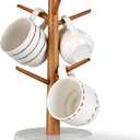 Acacia Wood Mug Tree, Marble Base Coffee Mug Tree for Counter, Mug Holder Tree with 6 Hooks for Kitchen Coffee Bar Mug Organize