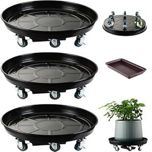 KvyusFlourish 3 Packs Metal Plant Caddy with Wheels 18 Inch Rolling Plant Stand with Wheels Plant Dolly with Drain Tray Outdoor Big Plant Holder Plant Roller Cart, Hook, Black