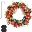 16 Inchs Christmas Wreath, Pre-Lit Artificial Christmas Door Wreath with Timer & Hanger, 50LED Warm Lights, Decor with Bowknot & Red Ball Star Berries ect., for Door & Window & Fireplace