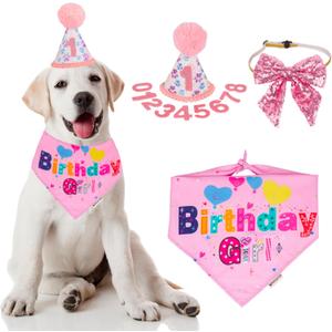 ADOGGYGO Dog Birthday Party Supplies, Pink Girl Dog Birthday Bandana Hat Numbers Bow Set for Medium Large Dogs (Large)