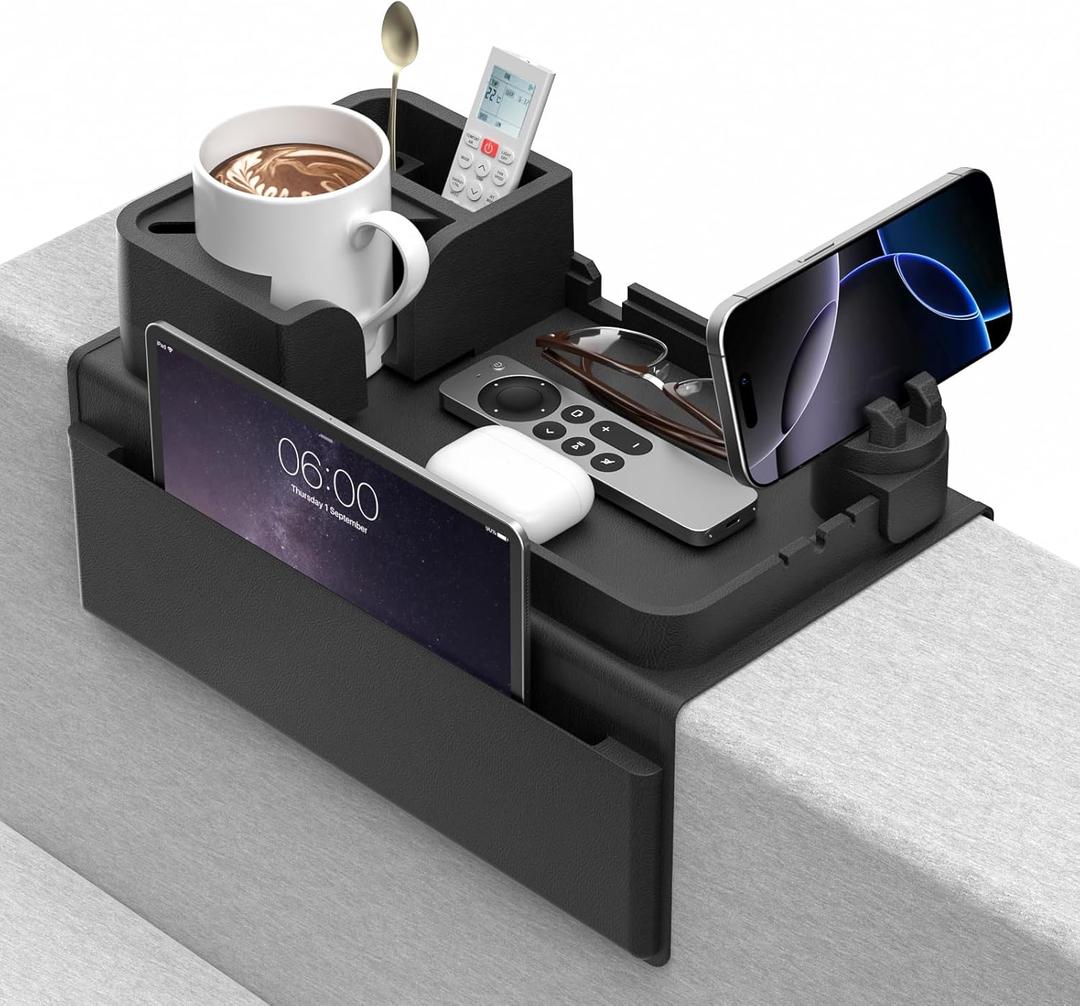 Couch Arm Cup Holder CLESOO Couch Arm Tray Anti-Slip Couch Cup Holder Silicone Sofa Armrest Tray Dual Side Pocket Couch Drink Holder Sofa Caddy Arm Remote Holder Snack Caddy with Phone Holder Black