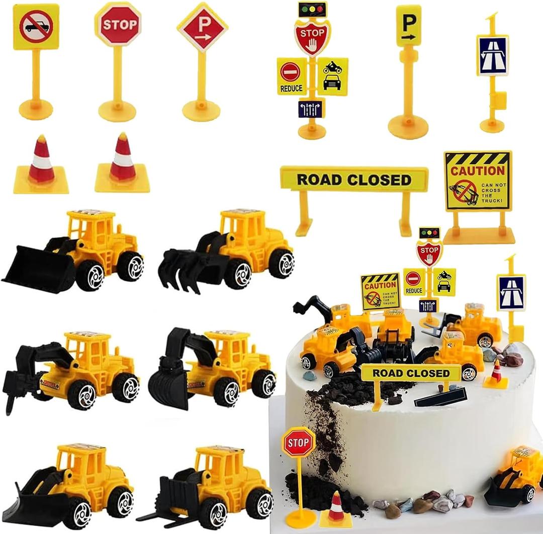 Newmemo 16pcs Mini Vehicles Construction Cake Topper Truck Excavator Road Sign Cake Cupcake Topper, Mini Construction Truck Vehicles Toy Cake Decoration for Engineering Transportation Theme Party