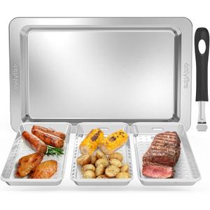 Onlyfire Grill Basket Set, 5PCS Stainless Steel Grill Pan - Include 3 Grilling Baskets, a Serving Tray and Removable Handle, Great for Grilling Fish, Meat, Veggies