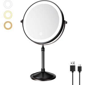 Nicesail Rechargeable Makeup Mirror with Lights and Magnification 10X, 3 Color LED Lights, Cordless Lighted Vanity Desk Mirror with Lights, Light up Magnifying Tabletop 360 Rotation Oil Rubbed Bronze