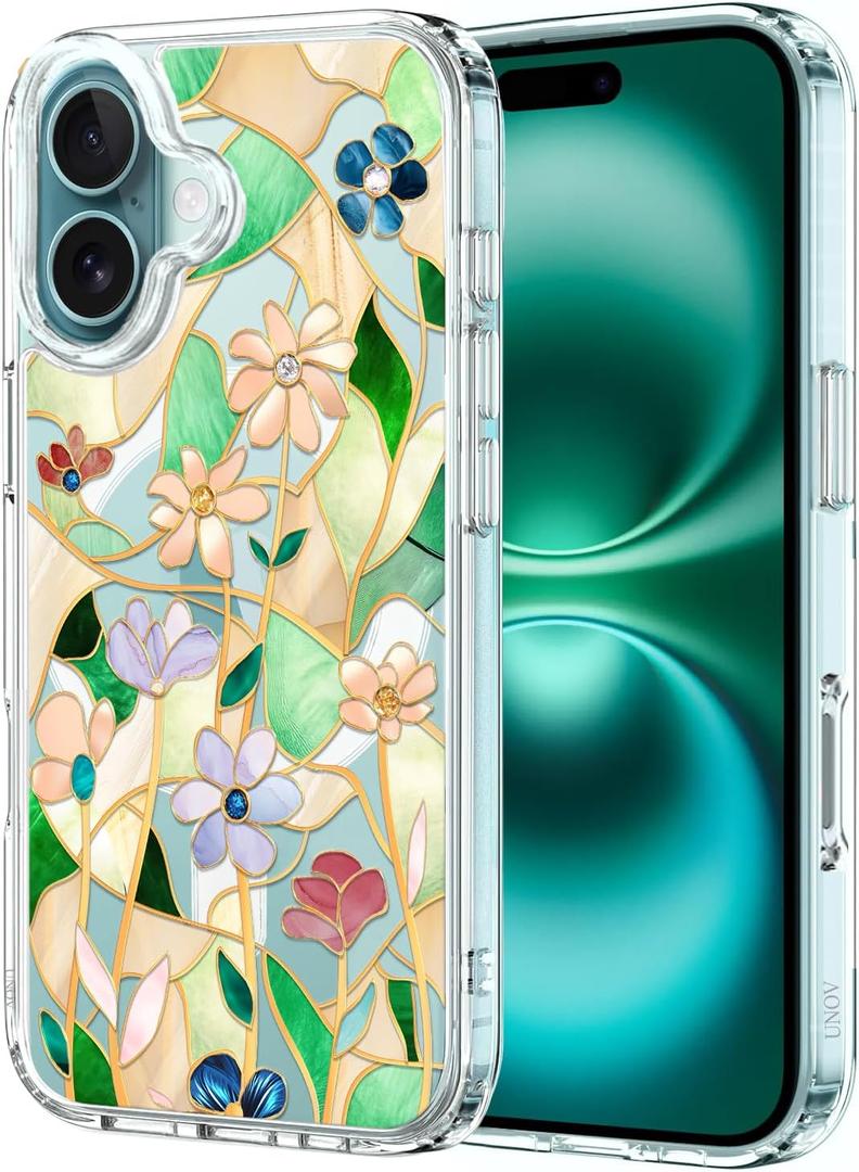 Unov Case Compatible with iPhone 16 Case Magnetic Clear with Design Compatible with MagSafe Slim Protective Soft TPU Bumper with Hard PC Back Embossed Pattern (Stained Glass Flower)
