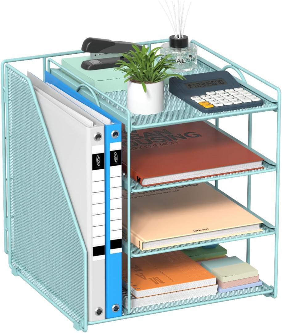 Teal Desk File Organizer and Accessories, 4-Tier Paper Organizer with Vertical File Holder, Office Desk Accessories & Workspace Organizers and Desktop Storage for Office Supplies (Sky Blue)