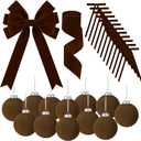 26 PCS Christmas Velvet Ornaments Decor Kit - Tree Toppers Bow, Ribbon, 12 Flocked Christmas Balls & 12 Vintage Bows for Brown Holiday Xmas Tree Decorations (Brown)