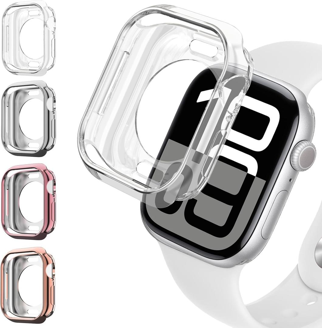 4 Pack Soft TPU Case for Apple Watch Case 46mm 42mm 40mm 44mm 41mm 45mm Series 10 9 8 7 6 5 4 SE/2 Generation Women Men,Ultra Thin Protective Bumper Case Face Cover for iWatch Cover Accessories (01-Clear/Silver/Rose Gold/Rose Pink)