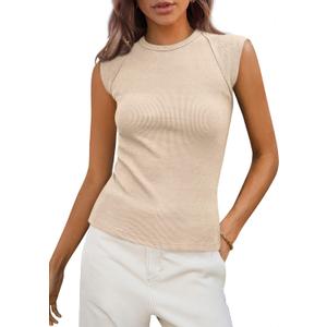 PRETTYGARDEN Women's Cap Sleeve Ribbed Tank Tops Summer | Soft Stretchy Knit, Crew Neck Sleeveless Slim Fit Tee, Casual Going Out Work Outfits, Basic Spring Layering Shirt for Office (L)