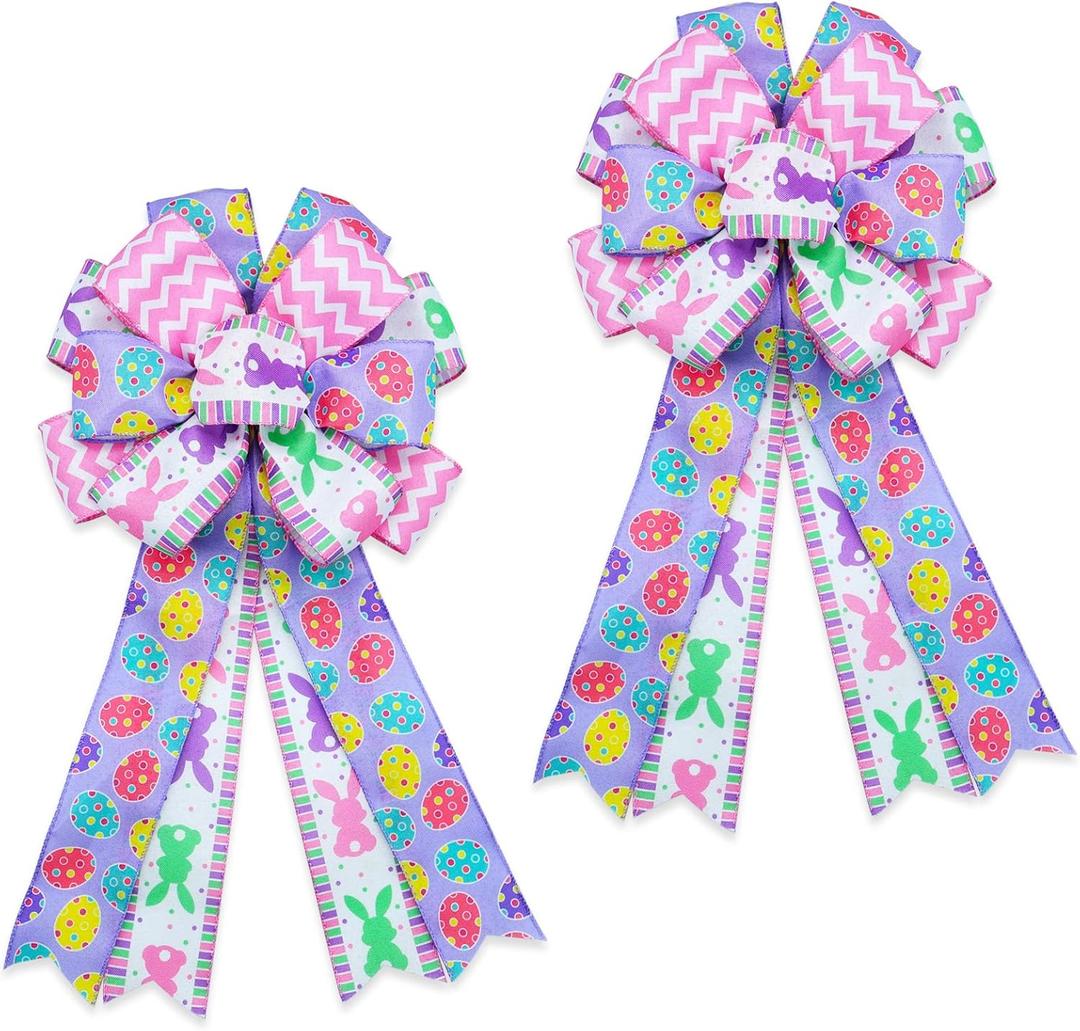 Large Easter Bows for Wreath 20x11 Inch, 2 Pack Pre-Tied Easter Egg Wired Ribbon Bow, Big Tree Topper Bow for Front Door Indoor Outdoor Spring Summer Decoration (Purple)