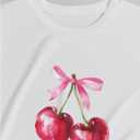 Women's Graphic Cherry Bow Tees Casual Letter Print Round Neck T Shirt Summer Short Sleeve Trendy Tops (White, L)