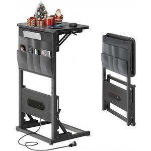 HLDIRECT C Shaped End Table with Charging Station, Couch Side Table with Storage Bag, Foldable TV Tray with 2 USB Ports and Outlets for Living Room, Bedroom, Black