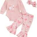 Afunbaby My First Easter Baby Girl Outfit Newborn Onesie Bow Shirt Bunny Romper Bell Botton Pants Summer Clothing Set (Pink)