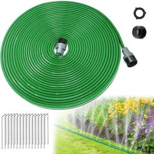 50ft Sprinkler Soaker Hose - Kink-free, Save Water, Flexible - Heavy Duty Three Tube Flat Watering Hose for Garden Yard Lawn Irrigation, With 15 Stakes