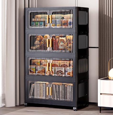 4-Tier Stackable Storage Bins with Lid,Foldable Plastic Drawer Storage with Wheels,Closet Organizers and Storage for Living Room, Office, Dorm