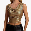 Women's Metallic Cowl Neck Tank Top Ruched Tie Front Sleeveless Party Club Crop Tops, Size XL