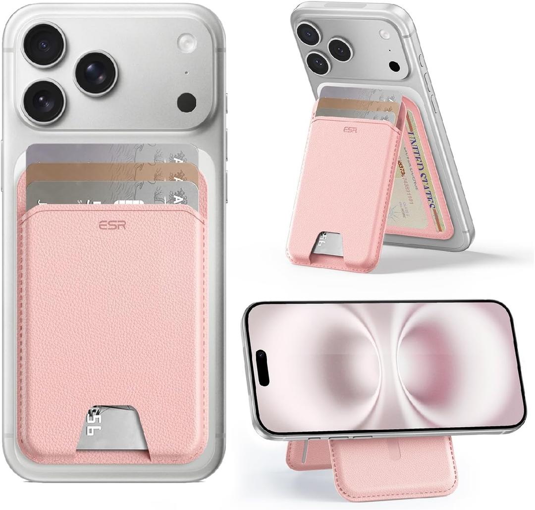 ESR Upgraded Aura for MagSafe Wallet, 5 Card Holder with Adjustable Stand, Magnetic Wallet for iPhone 17e/17/16/15/14/13/12 Series, Not for iPhone 13/12 Mini, Vegan Leather, Pink