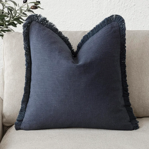 Foindtower Decorative Linen Fringe Throw Pillow Covers Cozy Boho Farmhouse Cushion Cover with Tassels Soft Accent Pillowcase for Chair Sofa Bed Living Room Home Decor, 16×16 Inch, 1PC, Navy Blue