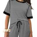 KISSMODA Womens 2 Piece Lounge Outfits Crew Neck Cap Sleeve Stripe M (M)