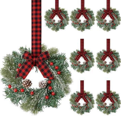 Jexine 8 Pieces Mini Christmas Wreaths for Kitchen Cabinet Small Christmas Candle Rings Wreaths Pillars Candle Rings Table Centerpieces Hanging Garlands for Front Door Window Decor (No Red Ribbon)