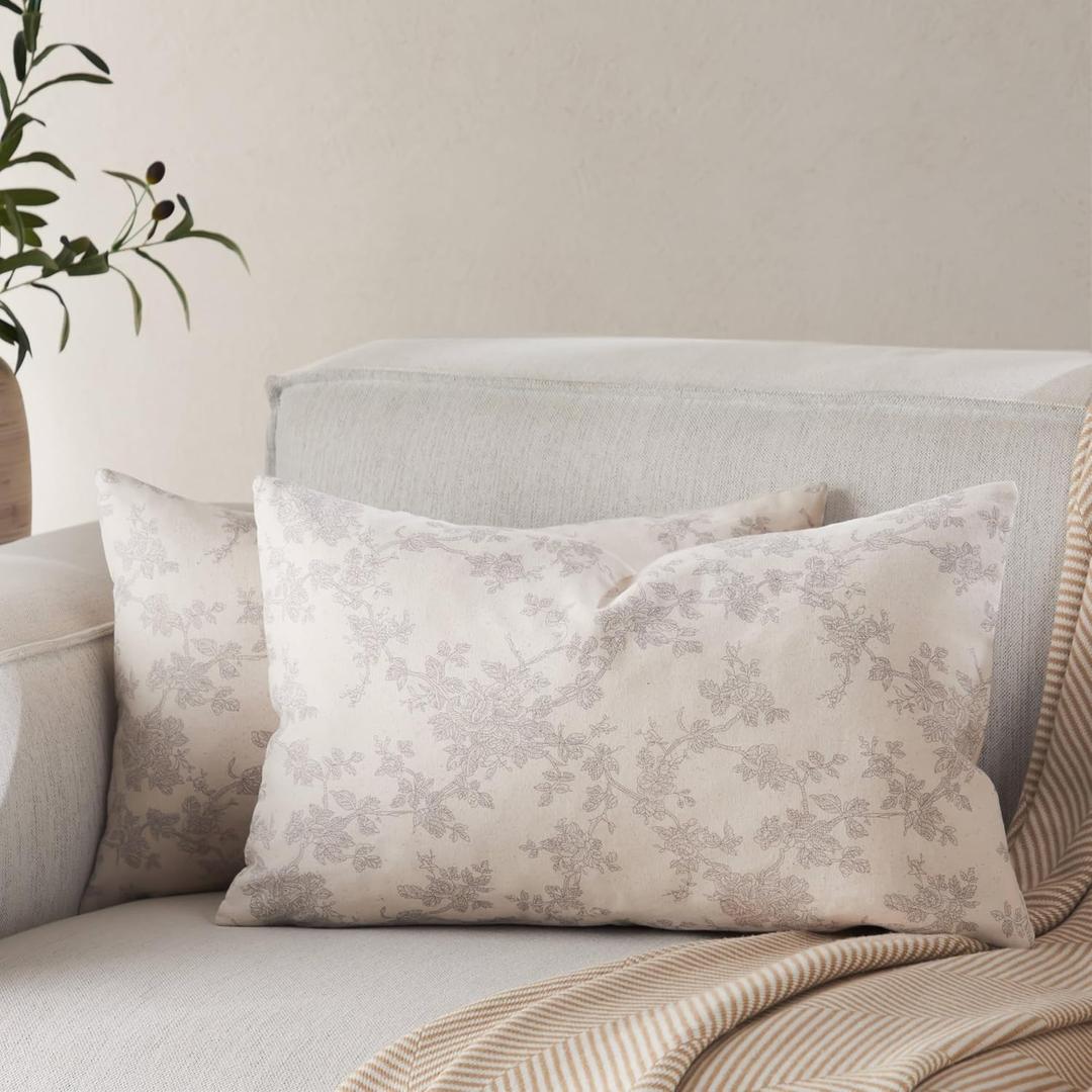 100% Cotton French Pastoral Lumbar Throw Pillow Covers Set of 2, 12x20 Inch Grey Farmhouse Decorative Cushion Covers for Sofa Bed Living Room Home Decor