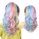 SEIKEA Ponytail Extension, 18" Lightweight Wavy Curly Clip in Pony Tails, Colored Hair Extensions for Kids, Crazy Hair Day Accessories for Girls Synthetic Hairpiece Pastel Rainbow