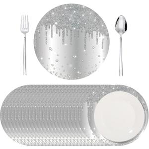 Dispowreath 120 Pieces Silver Paper Placemats 13 Inch Glitter Diamonds Round Disposable Table Mats Decorative Paper Mats for Dining Wedding Birthday Silver Glitter Banquet Party, Large