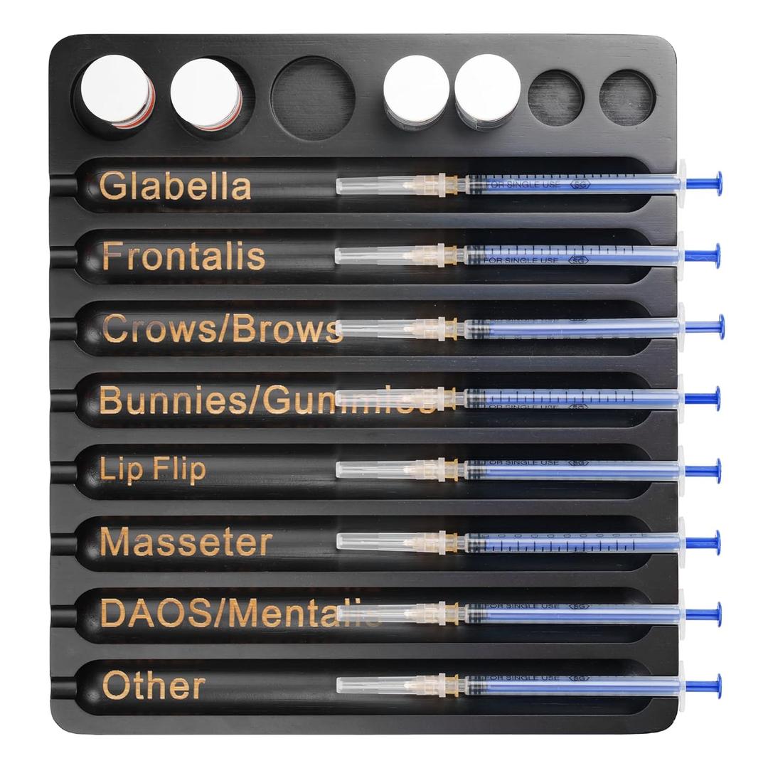 Syringe Organizer Tray with 8 Slots & Labels, Black Bamboo Medical Prep Tray with Vial Holder, 2-in-1 Storage Solution for Nurses & Aesthetic Professionals