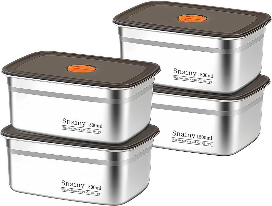 4-Pack] 1500ml Bento Box Food Storage Container, SUS316L Stainless Steel Plates with Lids, Leakproof Rectangle Storage Pan for Meal Prep, Fridge, Freezer & Lunch