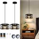 Pack of 2 Rechargeable Battery Operated Pendant Lights, Modern Farmhouse Battery Powered Hanging Light, 3 Colors Dimmable Metal Ceiling Lights, Adjustable Black Pendant Lighting for Kitchen island
