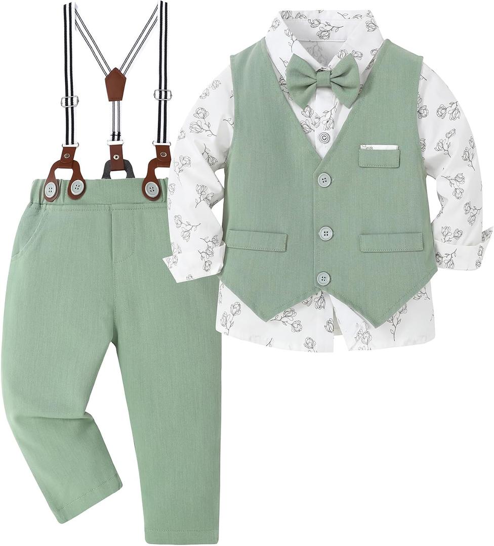 ZOEREA Toddler Boy Suit Formal Wedding Outfits Gentleman Clothes Long Sleeve Shirt + Suspender Pants + Bowtie (Light Green, 12-18 Months)