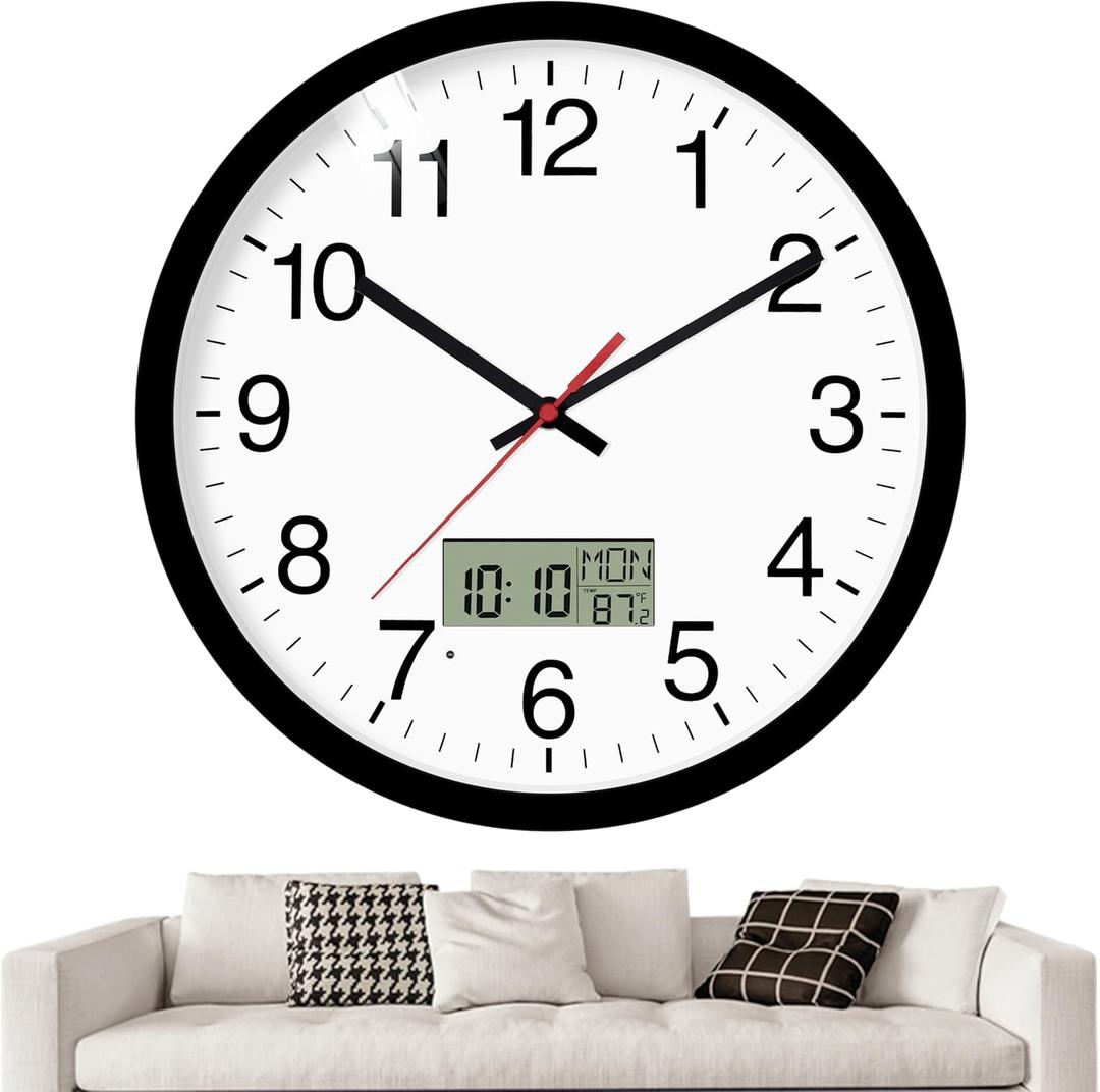 12" Digital Wall Clock with Temp Week Switchable Time and Perprtual Calendar on LCD Display, Silent Battery Operated Analog Clock for Bedroom Classroom Office Garage (Black)