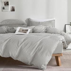 JELLYMONI 100% Natural Cotton 3pcs Striped Duvet Cover Sets,White Duvet Cover with Grey Stripes Pattern Printed Comforter Cover,with Zipper Closure & Corner Ties (Queen Size)