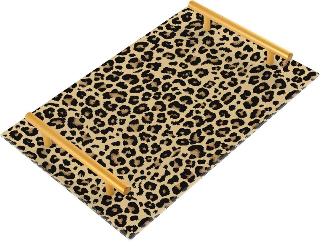 Leopard Acrylic Tray Bathroom Organizer Countertop Decorative Vanity Tray with Gold Handles Makeup Tray for Bathroom Counter Dresser Kitchen Table