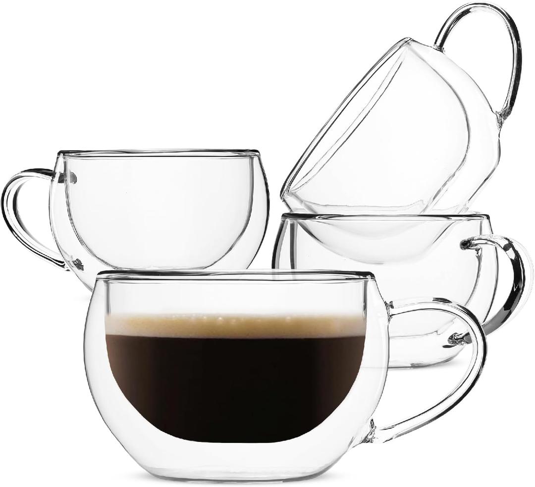 BTaT- Double Walled Espresso Cups, 6 oz, Set of 4, Clear Coffee Mugs, Double Wall Insulated Espresso Cups, Small Coffee Mugs for Tea, Lattes, Macchiatos, Hot & Cold Beverages, Microwave Safe