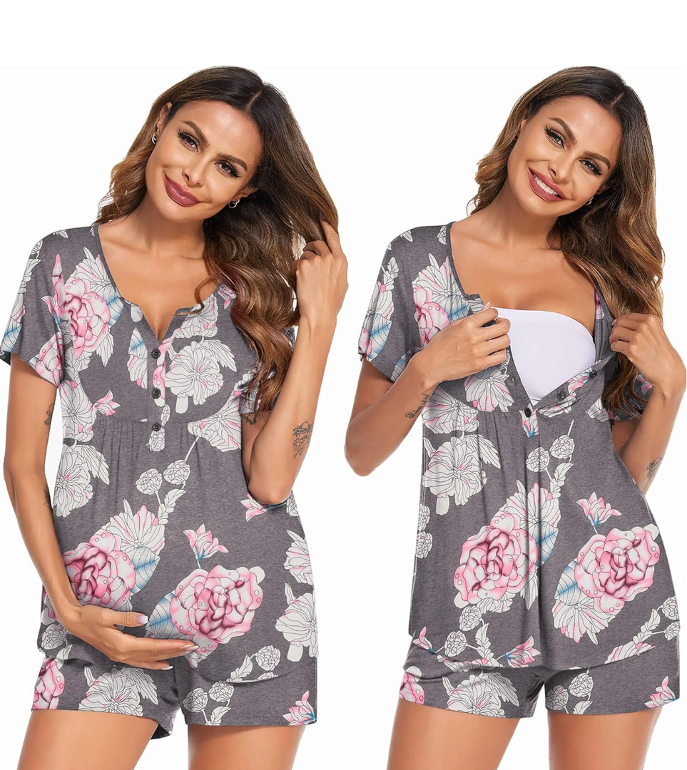 Ekouaer Women's Maternity Nursing Pajama Sets Short Sleeve Postpartum Pajamas Breastfeeding Pregnancy Clothes L