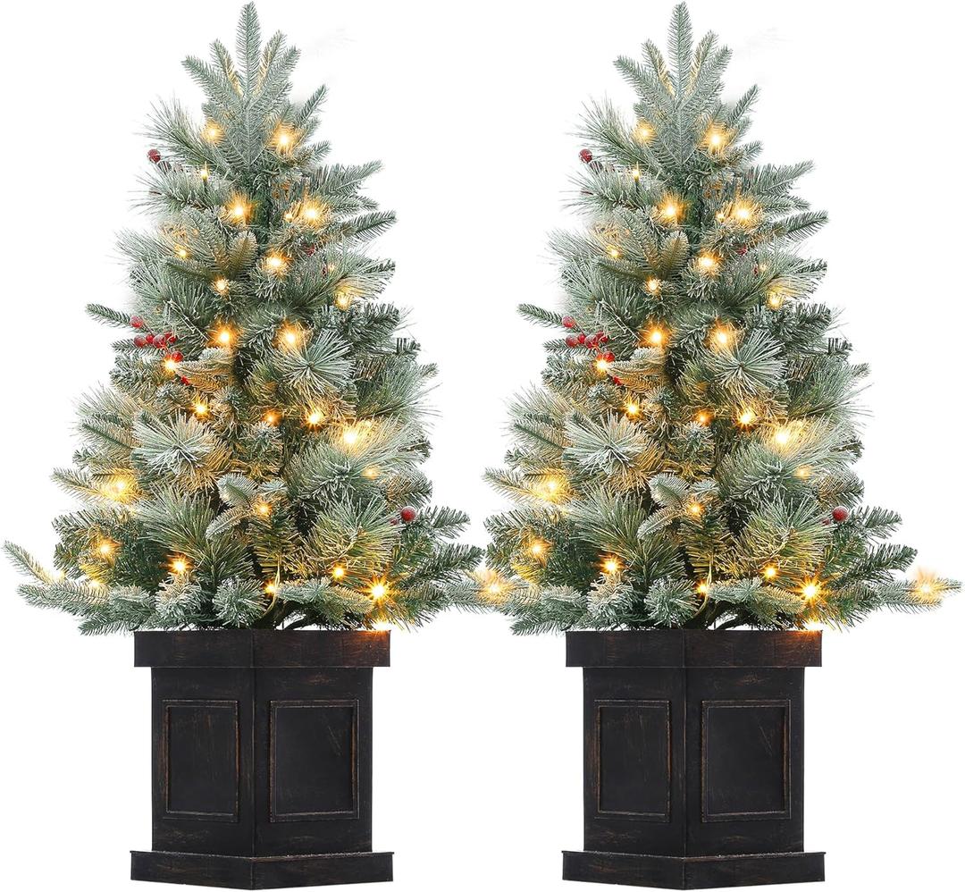 3ft Christmas Tree 2 Set, Pre-Lit Artificial Christmas Tree with Vintage Potted Base, Flocked Snow 70 Warm White LED Lights Red Berries, Festival Decoration Xmas Holiday Decor for Home, Entrances