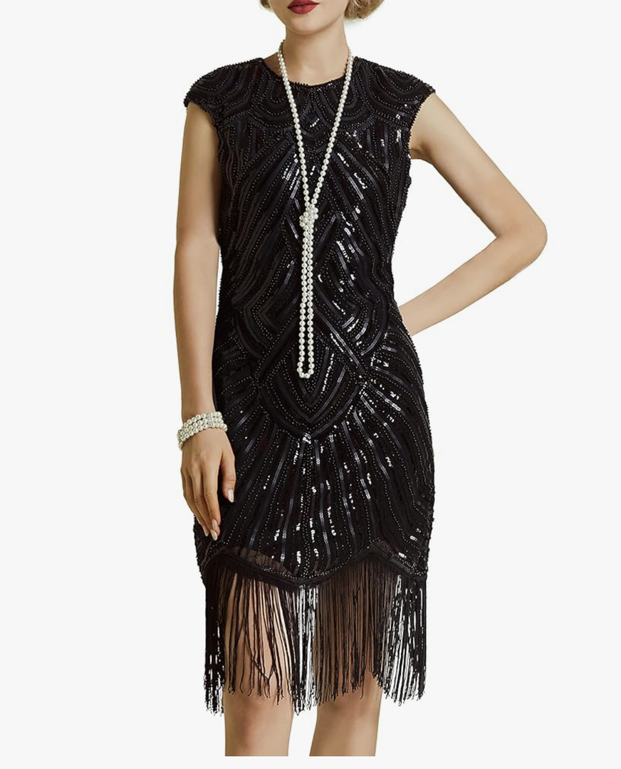 BABEYOND Women's Flapper Dresses 1920s Beaded Fringed Great Gatsby Dress XL Black