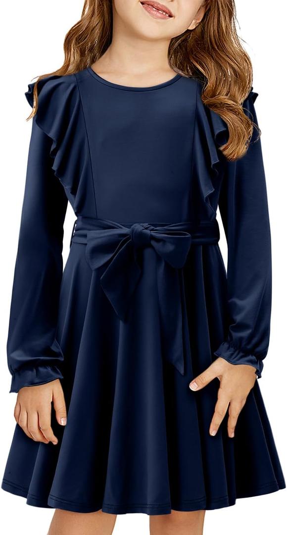 Yoklass Girls Dress Long Sleeve Ruffle Elegant Flowy Swing Dresses with Belt 4-13 Years (10-11 Years, A Navy Blue)