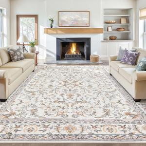 Tortania Area Rug Living Room Rugs: 8x10 Washable Vintage Floral Oriental Farmhouse Large Thin Indoor Carpet for Bedroom Under Dining Table Home Office - Beige/Ivory (8' x 10')