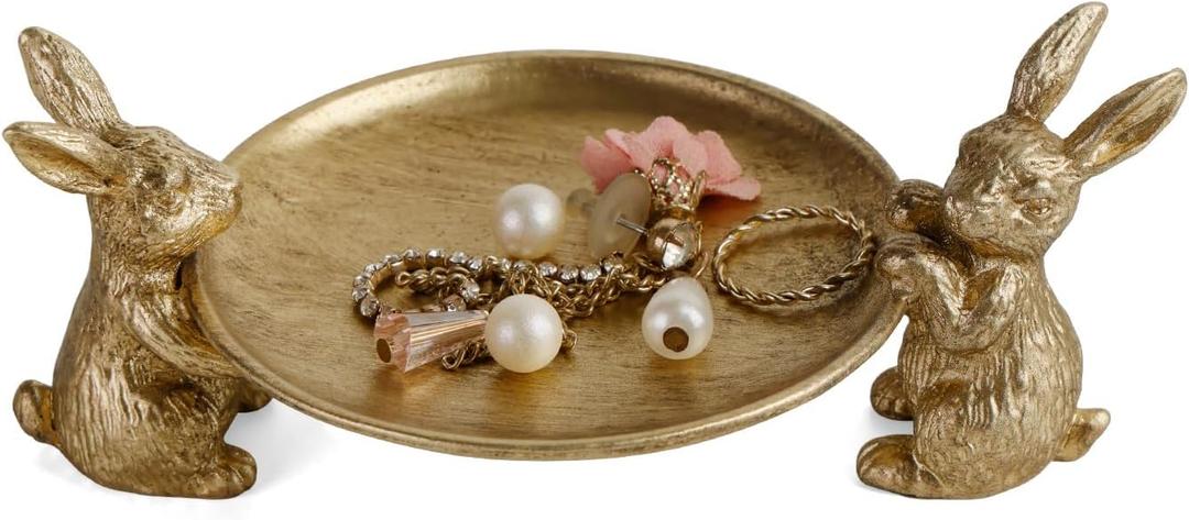 NIKKY HOME Gold Jewelry Tray, Vintage Jewelry Dish Tray with Rabbits, Antique Ring Dish & for Women, Small Trinket Bowl for Vanity Bathroom