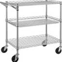 Finnhomy 3 Tier Heavy Duty Commercial Grade Utility Cart, Wire Rolling Cart with Handle Bar, Steel Service Cart with Wheels, Kitchen Carts on Wheels, Metal Cart Shelf Size 24" D x 36" W, NSF, Chrome