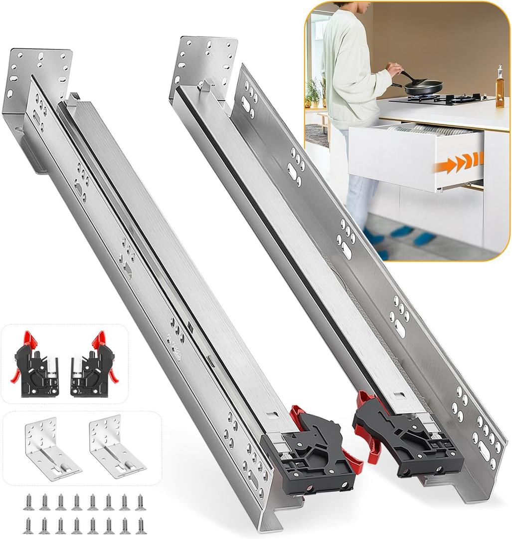Soft Close Bottom Mount Drawer Slides 21 Inch Rails with Rear mounting Bracket Locking Devices Screws for Face Frame Or Frameless Application21 inch, 1 Pair