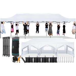 COBIZI 10x30 Pop Up Canopy with 8 Sidewall,Heavy Duty Canopy UPF 50+ All Season Wind Waterproof Commercial Outdoor Wedding Party Tents for Parties Canopy Gazebo with Roller Bag(10 x 30 ft White)