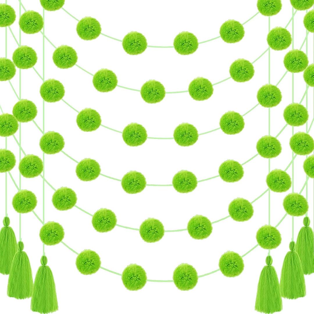 Jecery 12 Pcs 59 ft St. Patrick's Day Garland Pom Pom Tassel Decor, Lime Green Decoration, Spring Green Boho Hanging Garland for Birthday Party Mantle Tree Home Indoor Outdoor Decor