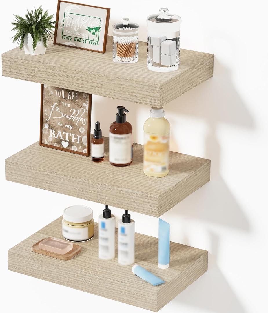 Floating Shelves, Oak Wooden Set of 3 Wall Mounted Bathroom Shelves Over Toilet, Modern Small Hanging Shelves for Bedroom Living Room Kitchen Farmhouse Home Decor, 12" x 7" x 1.5"