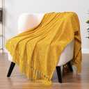 Pavilia Mustard Yellow Throw Blanket for Couch & Sofa Bed, Soft Knit Woven Gold Blanket with Tassel, Decorative for Chair & Living Room, 50x60