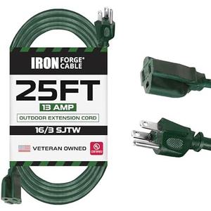 Iron Forge Cable Weatherproof 25 Ft Outdoor Extension Cord - 16/3 SJTW Heavy Duty Green Extension Cord 3 Prong - 13 Amp Exterior Power Cable