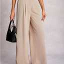 Women's Wide Leg Flowy Dress Pants High Waisted Loose Fit Work Office Trousers (Beige, L)